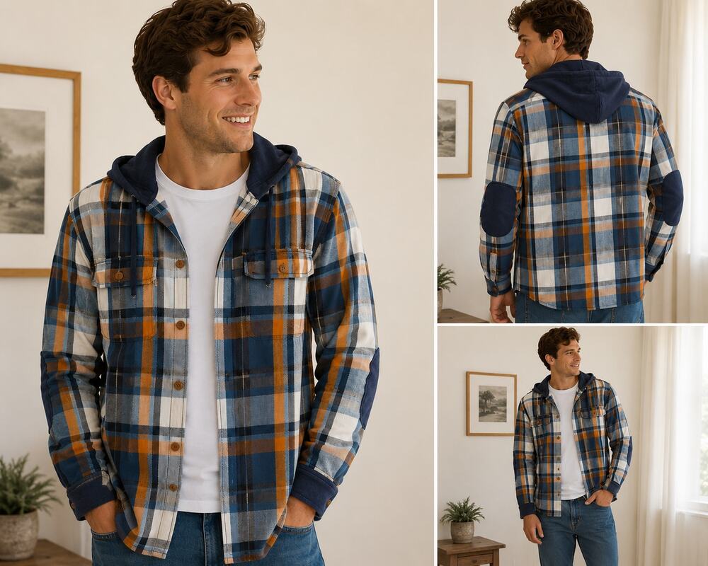 LL Bean Signature Hooded Plaid Shirt Jacket Slim Fit Men’s M Blue Orange Flannel